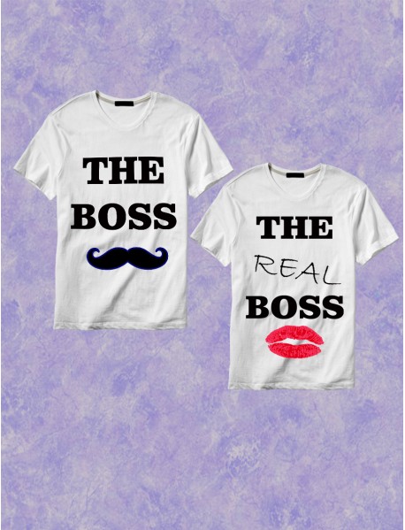 Set 2 tricouri personalizate albe - The boss , the real boss Set 2 tricouri personalizate albe - The boss , the real boss