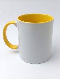 Cană albă cu interior și toartă galbenă