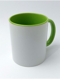Cană albă cu interior și toartă verde deschis