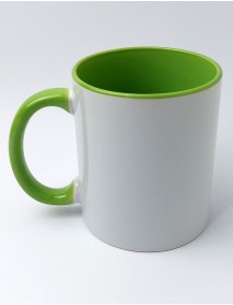 Cană albă cu interior și toartă verde deschis